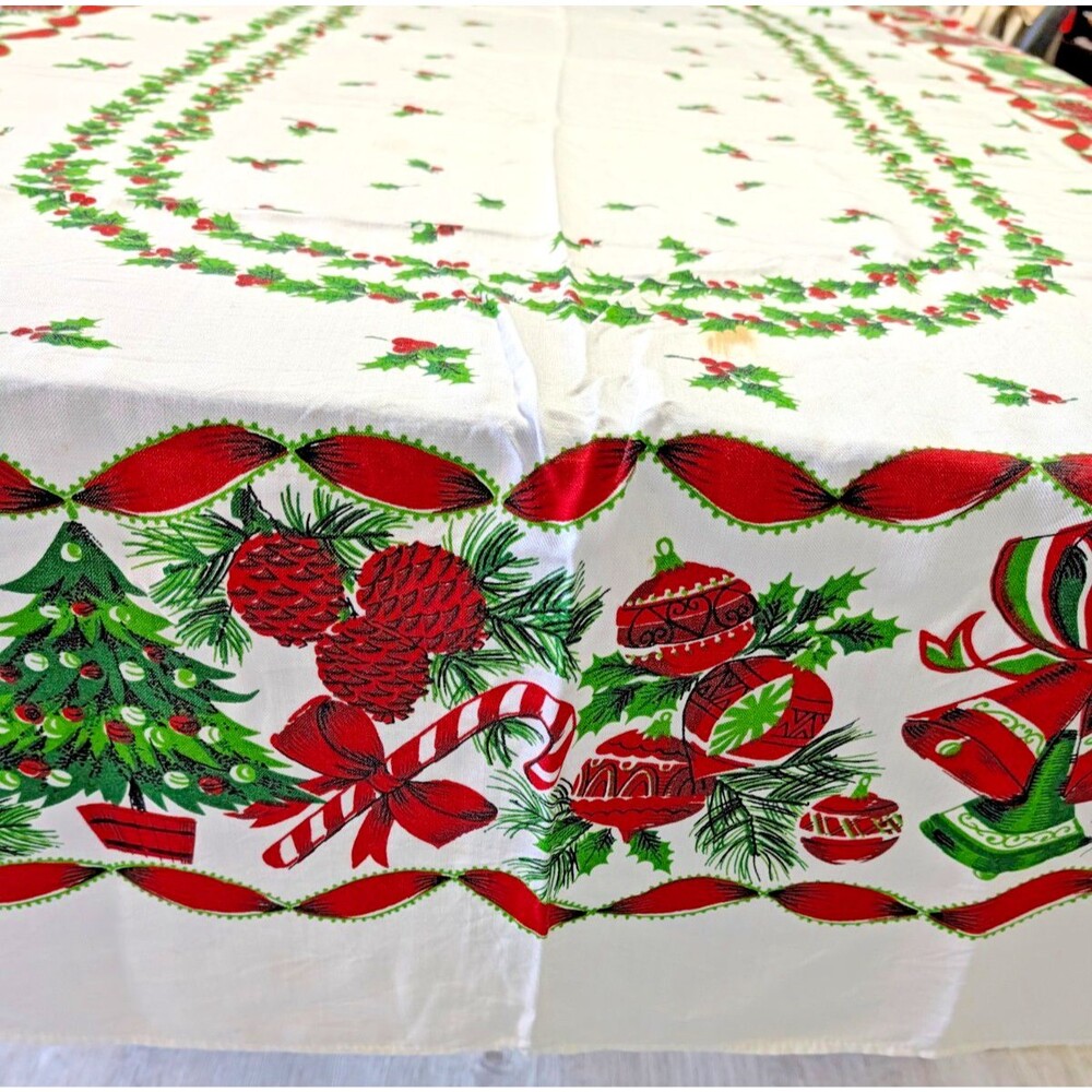 Vintage Tablecloth Christmas White Red Green Holly Bells Wreaths 82x58" Flaws